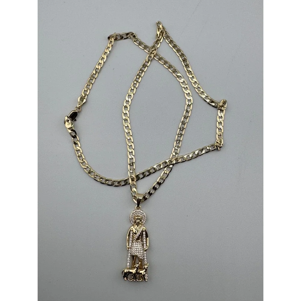 San Lazaro Pendant 14k Gold Plated 24 Inch Curb Chain Necklace Saint Lazarus CZ